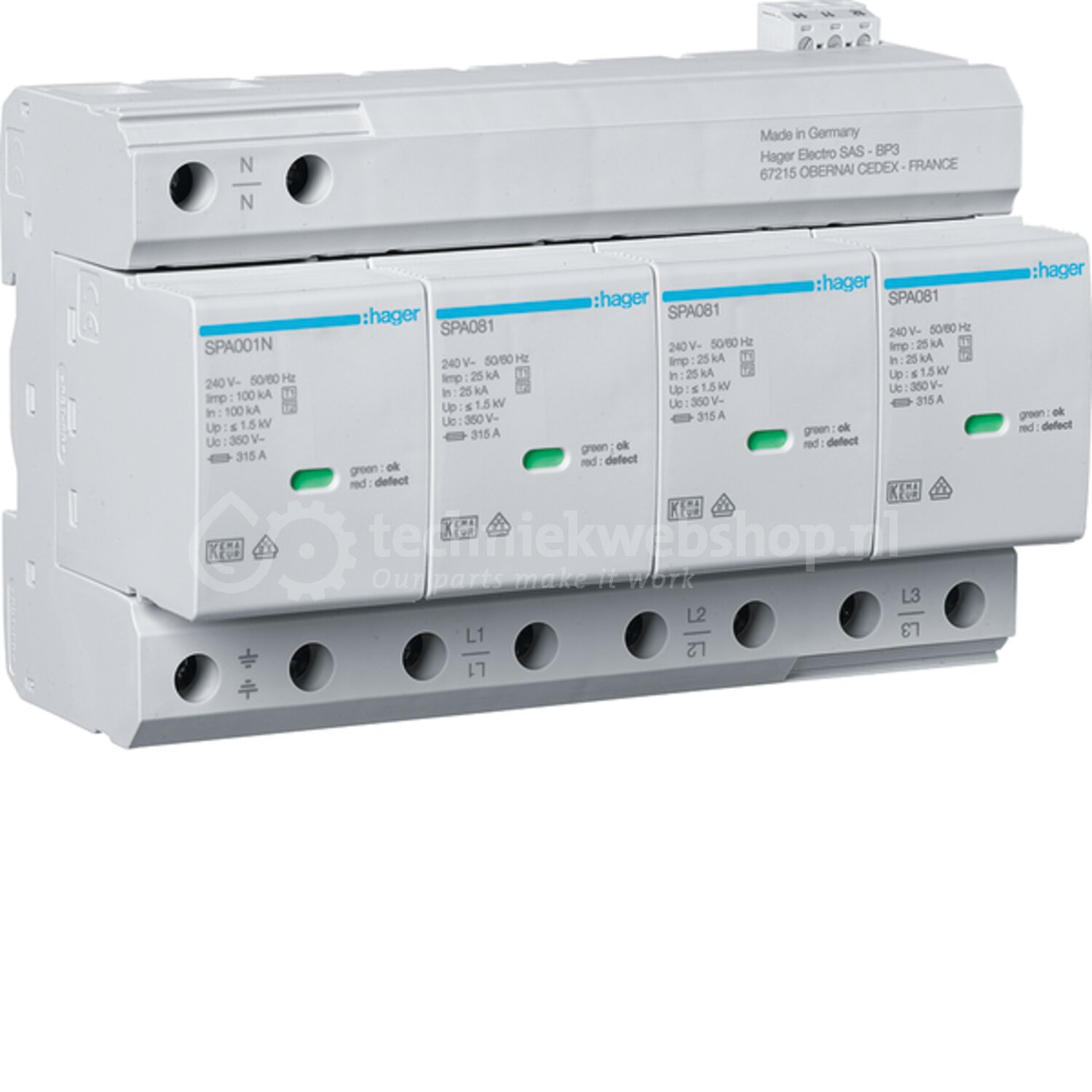 Hager Oversp.bev. T1+T2 4P Uc 350V Iimp 100 kA Up 1,5 kV TNS/TT +sign ...