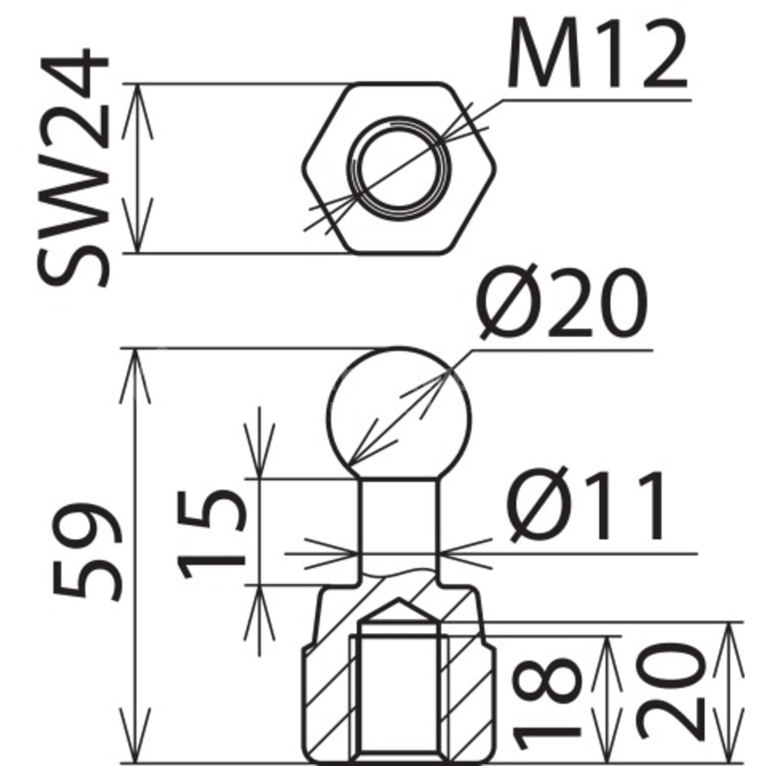 Dehn Nederland KFP 20 M12 / Fixed ball point D 20mm straight with M12 ...