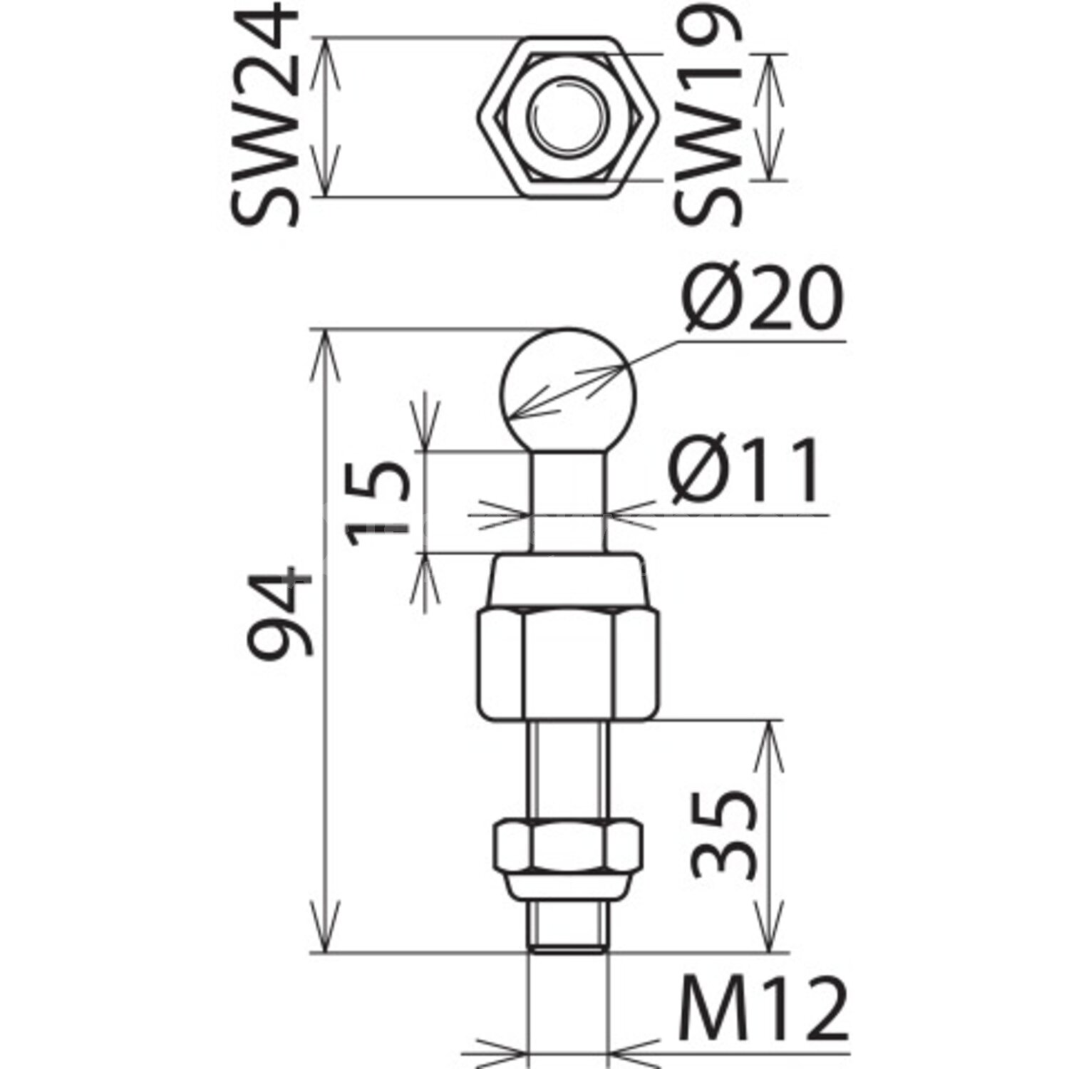 Dehn Nederland KFP 20 M12 35 SSM / Fixed ball point D 20mm straight w ...